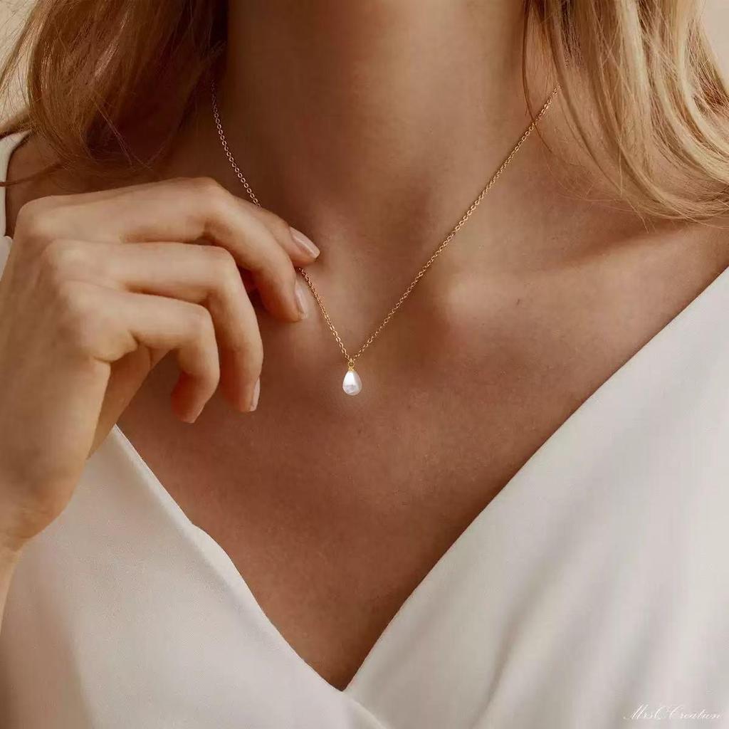 Elegant Faux Pearl Water Drop Titanium Steel Choker Necklace for Women