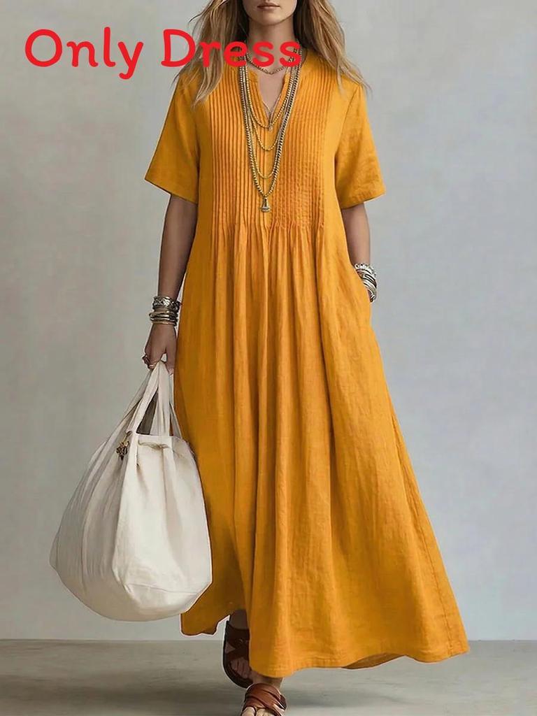 Maxi Abito in Cotone e Lino con Scollo a V e Maniche Corte per un Look Casual Estivo