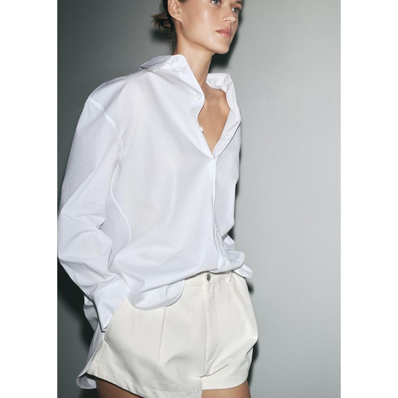 Summer New Product Women's Clothes Asymmetric Hem Lapel Long Sleeves Loose Cotton Poplin Shirt 2614369