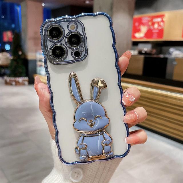 3d Cute Rabbit Stand Holder Phone Case For Iphone 14pro 13 12 11 14 Pro Max 14 Plus 14 Clear Shockproof Curly Wave Plating Cover