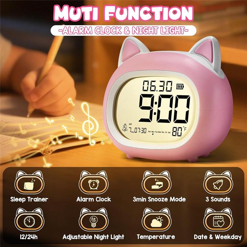 M-Modern-Cute Cat Alarm Clock With Night Light, Digital For Kids Alarm Clocks For Bedrooms, Routine Builder Pink