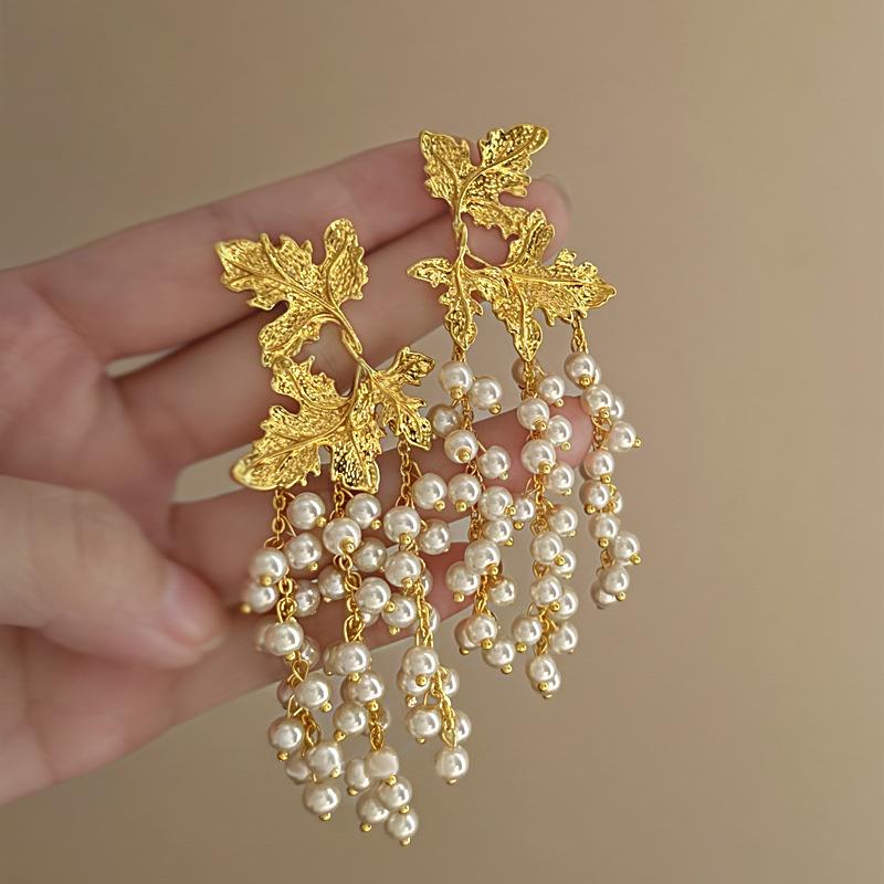 Europe and The United States Exaggerated Maple Leaf Pearl Tassel Earrings Personality Earrings for Women Temperament  Zircon