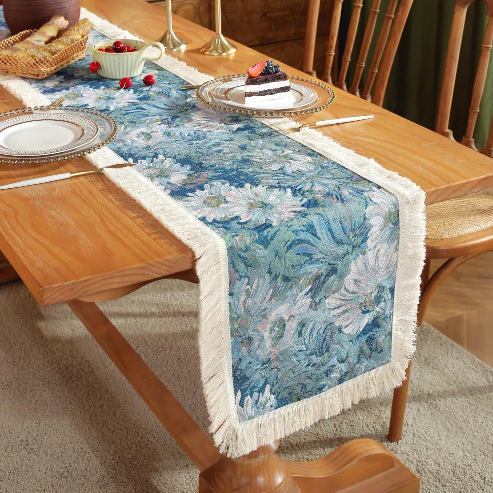 Vintage Table Runner Oil Painting with Tassels Bohemian Sideboard Suitable For Kitchen Holiday Party Birthday Party Table Decor