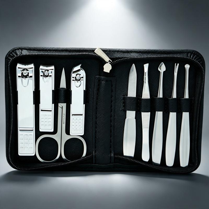 Stainless Steel 9-Piece Manicure & Pedicure Set with Tweezers and Nail Clippers in Black.