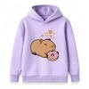 Kids Boys Girls Casual Hoodie, Cute Cartoon Capybara Eating Donut Print Pullover Hooded Sweatshirt, Cozy Long Sleeve Top For Daily Casual
