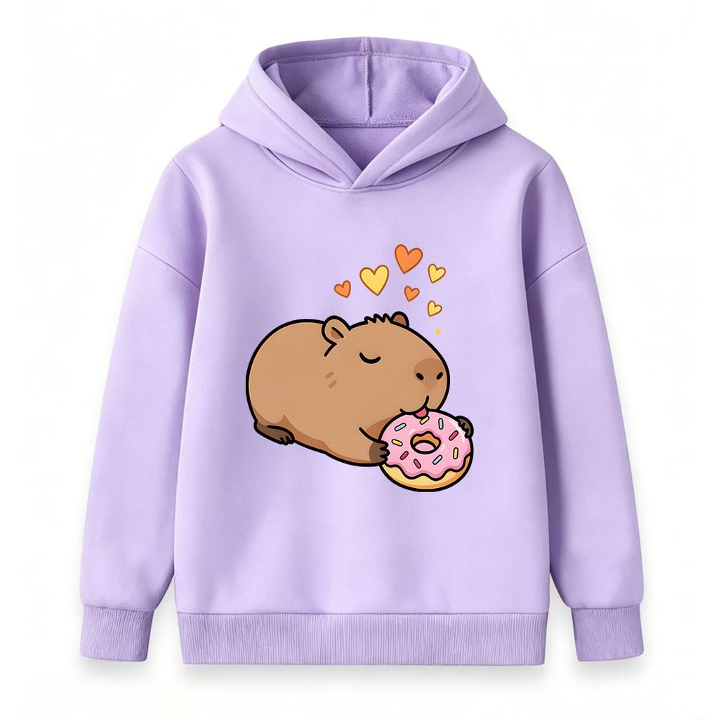 Kids Boys Girls Casual Hoodie, Cute Cartoon Capybara Eating Donut Print Pullover Hooded Sweatshirt, Cozy Long Sleeve Top For Daily Casual