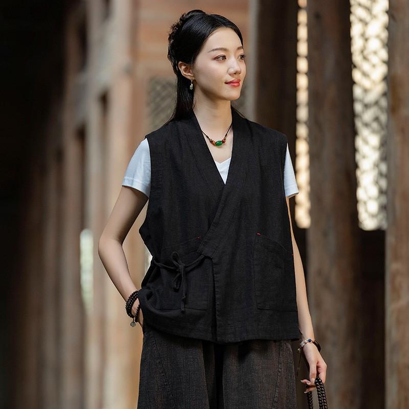 Johnature Women Chinese Style Belt Vests Coats V-Neck Solid Color Cloths Autumn Loose Vintage Vests