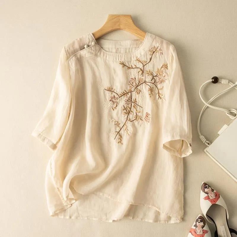 Summer rotondo estivo a metà manica ricamata da camicetta casual da donna arte retrò camicette di lino di cotone sciolte