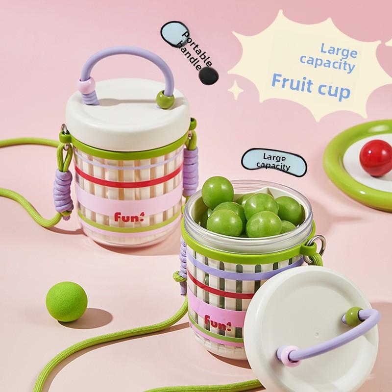 Portable Fruit Cup with A Back Rope and Fork, Large-capacity Salad Cup for Primary School Students