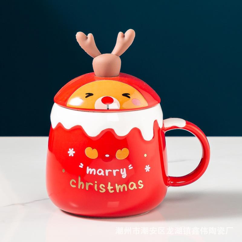Creative Christmas Gift Ceramic Cup Cute Elk Mug Gift Water Cup with Lid Spoon Office Coffee Mug 400ml