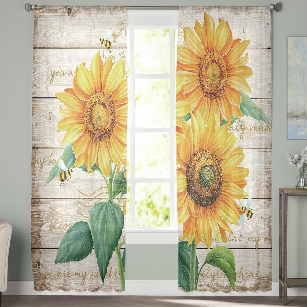 Farm Flower Sunflower Bee Curtain For Living Room Transparent Tulle Curtains Window Sheer For The Bedroom Accessories Decor