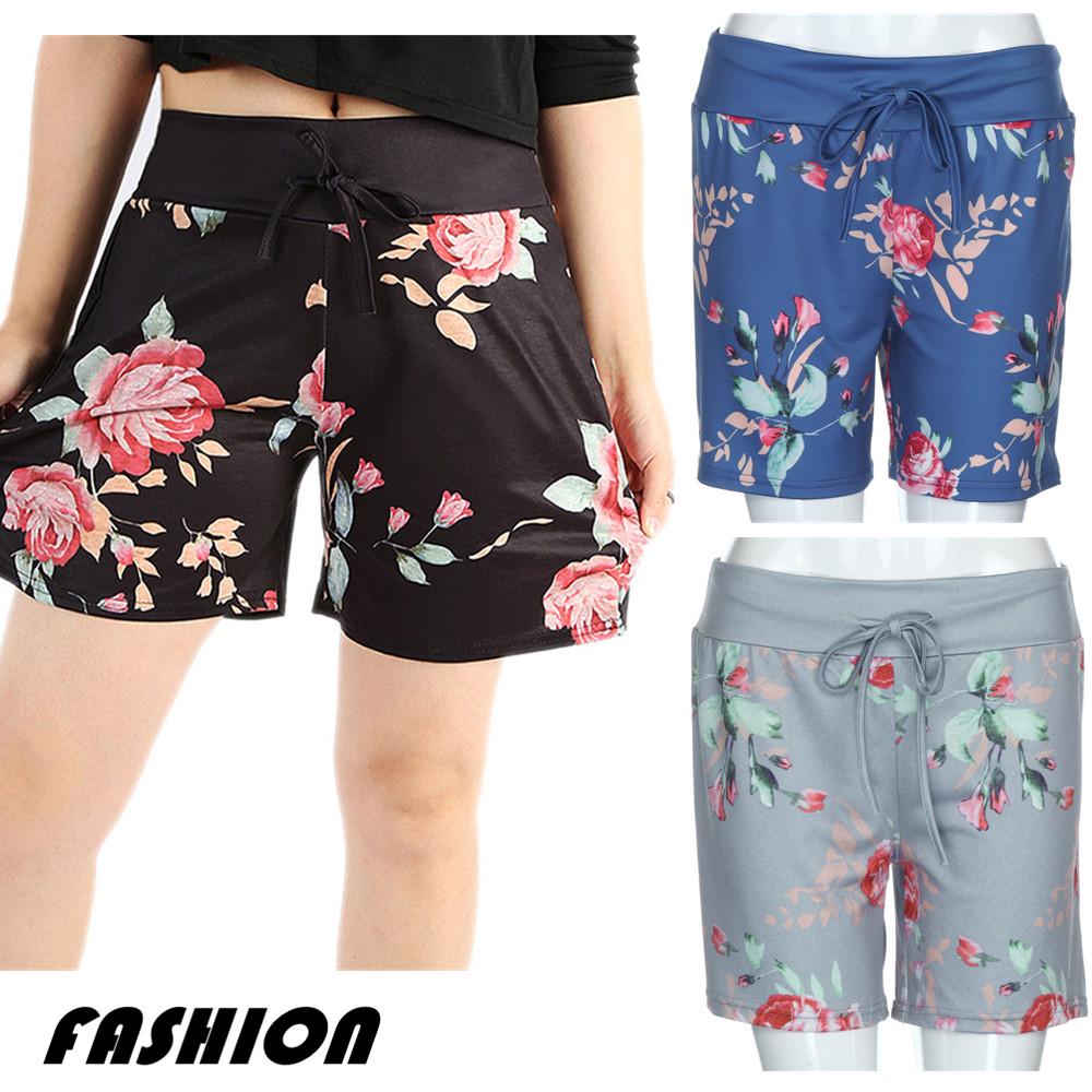 Women Summer Casual Floral Prints Drawstring Shorts Pants Women Summer Casual Floral Prints Drawstring Shorts Pants