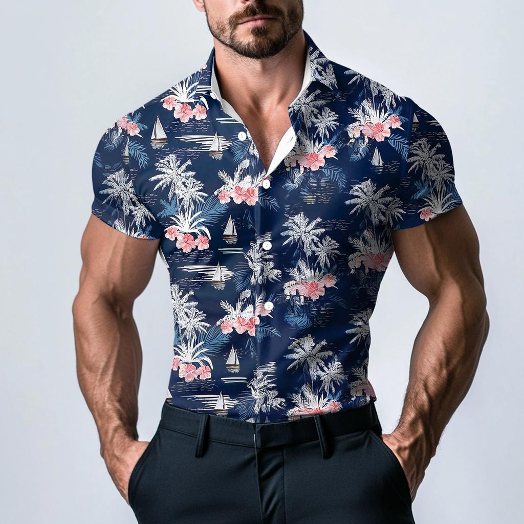 Men's Fashion Printed Satin Short Sleeve Shirt Top