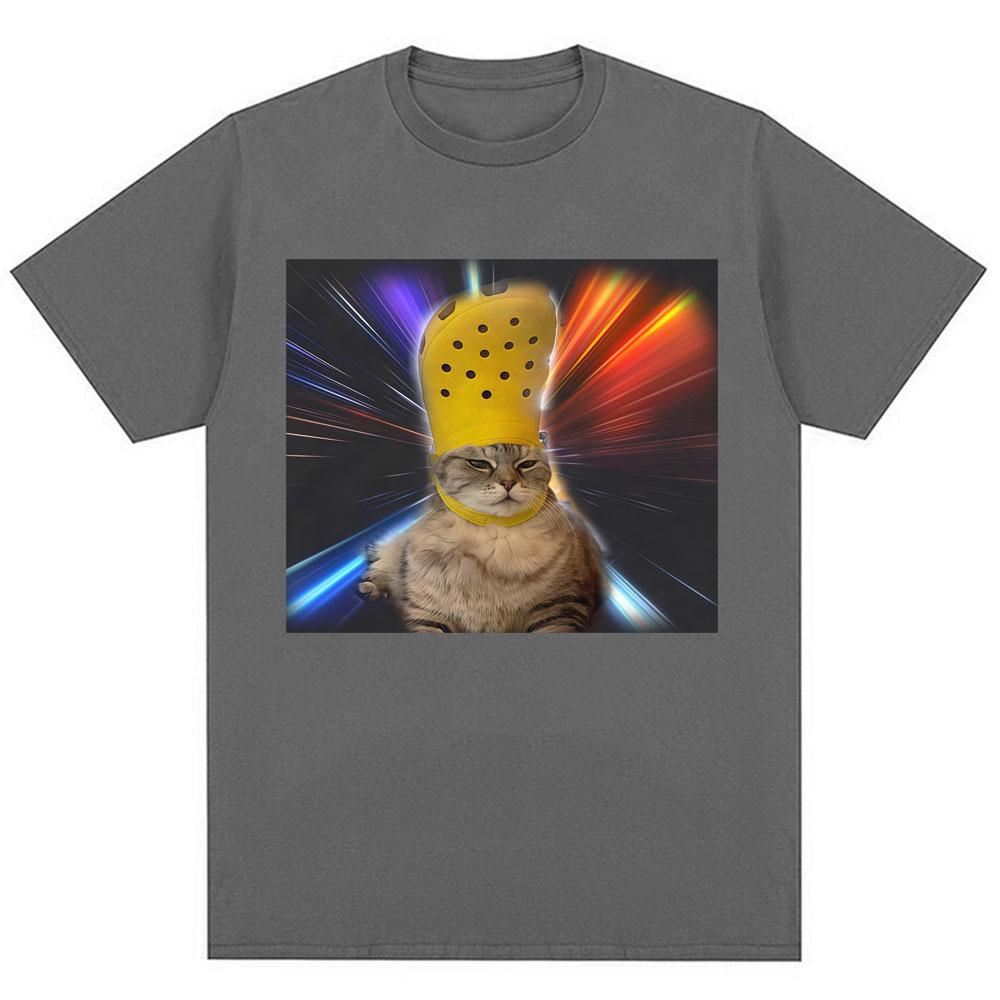 Funny Cat with Croc on Its Head Meme T Shirt Men Women Humor Popular Joke T-shirts Personality Oversized Cozy Cotton O-Neck Tees