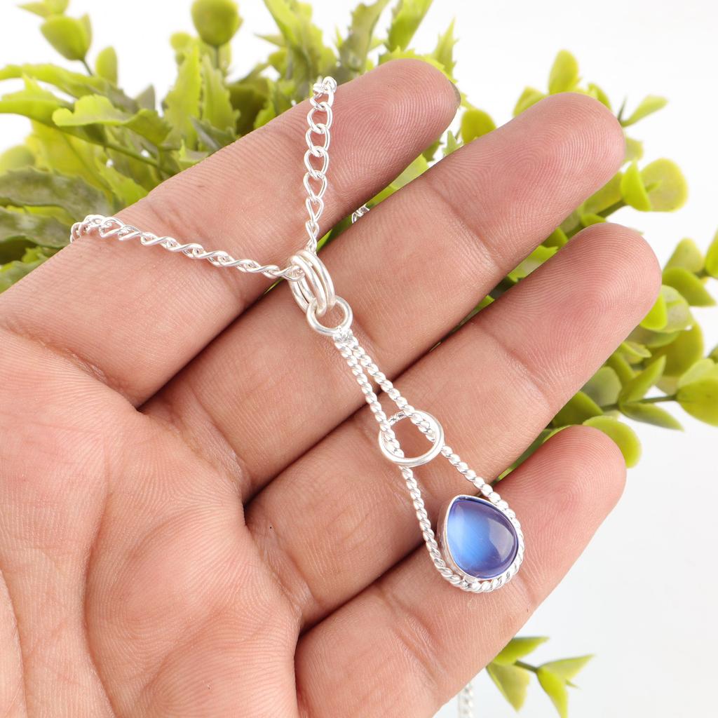 Dark Blue Cat's Eye Gemstone Jewelry, 925 Sterling Silver Pendant, Designer Handmade Silver Pendant For Wedding Gift