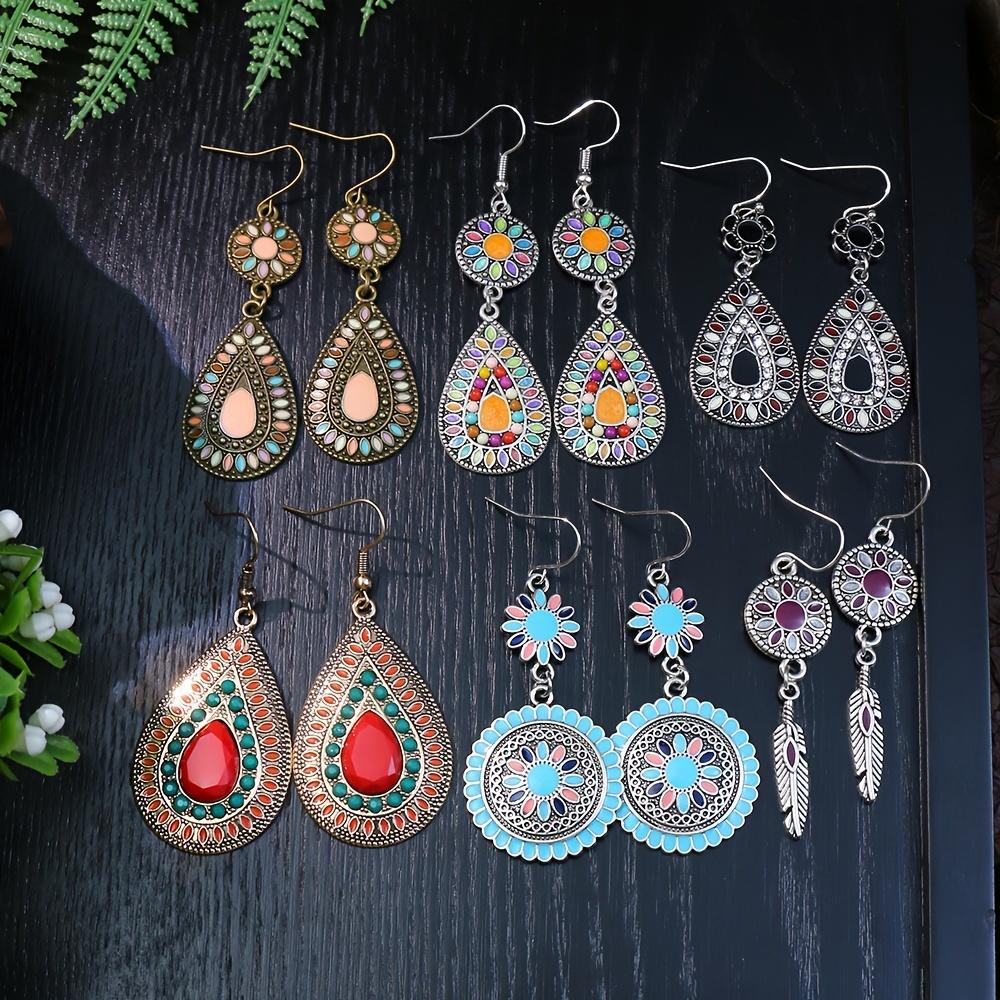 12 Pairs Boho Vintage Style Earrings Set Dainty Chic Colorful Geometric Dangle Drop Earrings for Women Zircon Gifts
