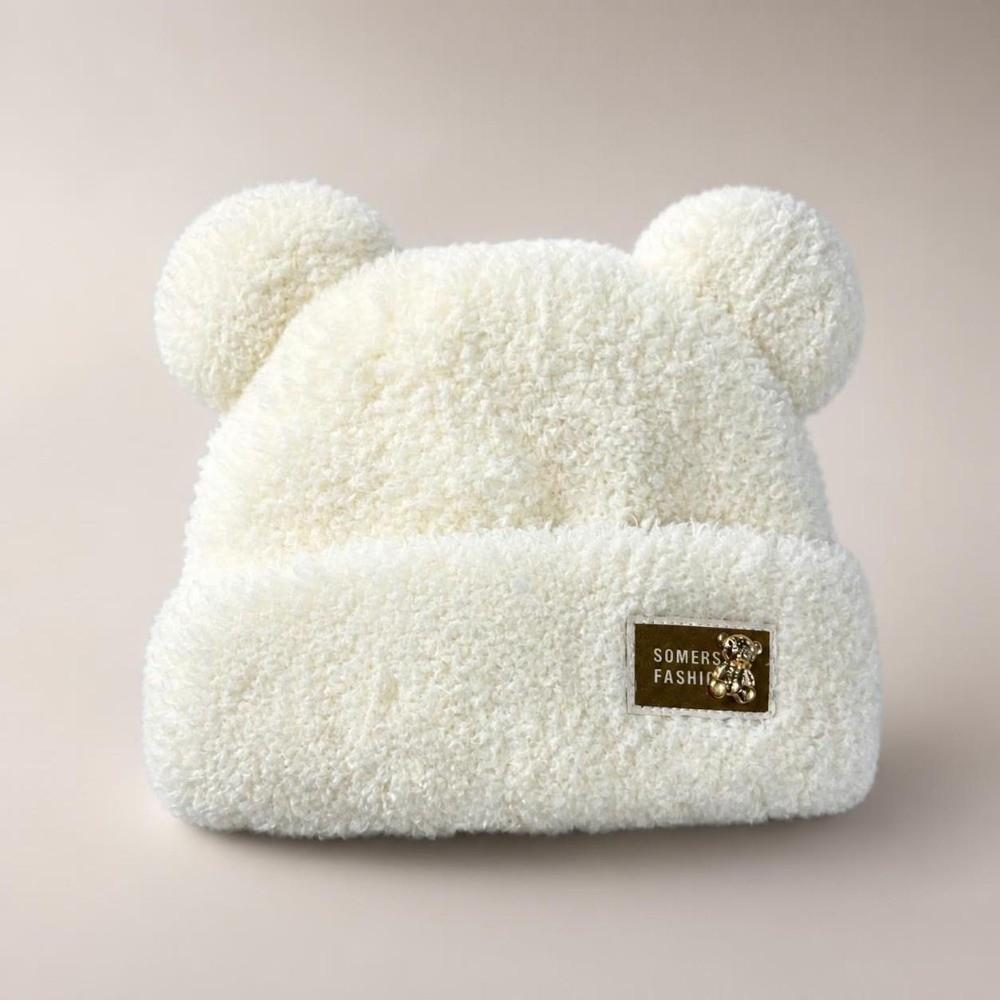 Cute Bear Ear Plush Beanie Hat Solid Color Winter Beanie Cap Knitted Warm Cap  Outdoor Activities