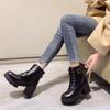 Autumn Single Boots, Laced Black Martin Boots, Round Toe, Chunky Heel, High Heel, Belt Buckle, Women's Short Boots
