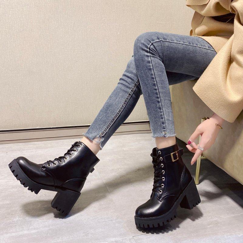 Autumn Single Boots, Laced Black Martin Boots, Round Toe, Chunky Heel, High Heel, Belt Buckle, Women's Short Boots