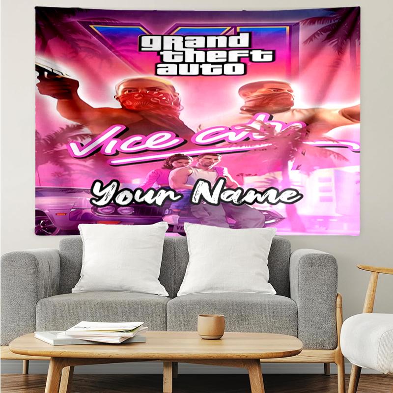 Tapiserie s potiskem GTA 6 na míru, Pozadí, Snadné zavěšení, Ideální do ložnice, kanceláře a obývacího pokoje, s estetickou dekorací na zavěšení na zeď.