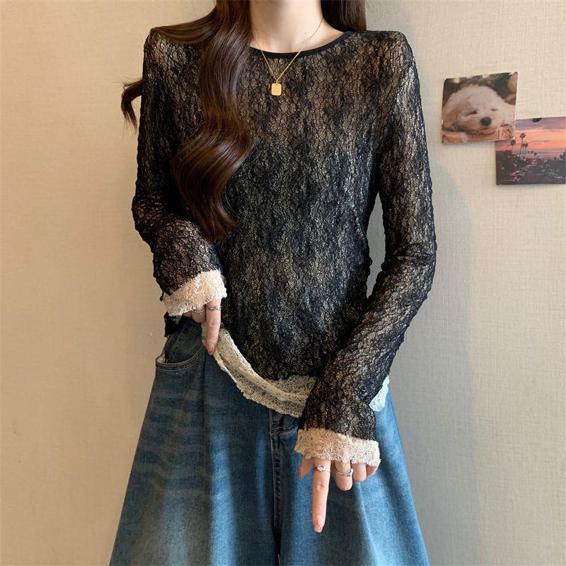 

Elegant Sheer Lace Slim Fit Long Sleeve Blouse - European Hong Kong Style M [Recommended 80-90 lbs] чёрный