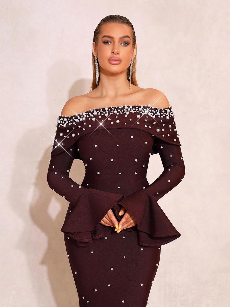 European and American Style Beaded Sequin One-Shoulder Bandage Evening Gown