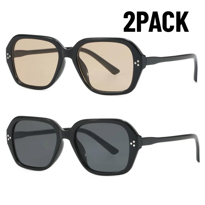 1/2PACK Women Square Sunglasses Big Frame UV400 Retro Rivets Men Olive Green Classic Sun Glasses