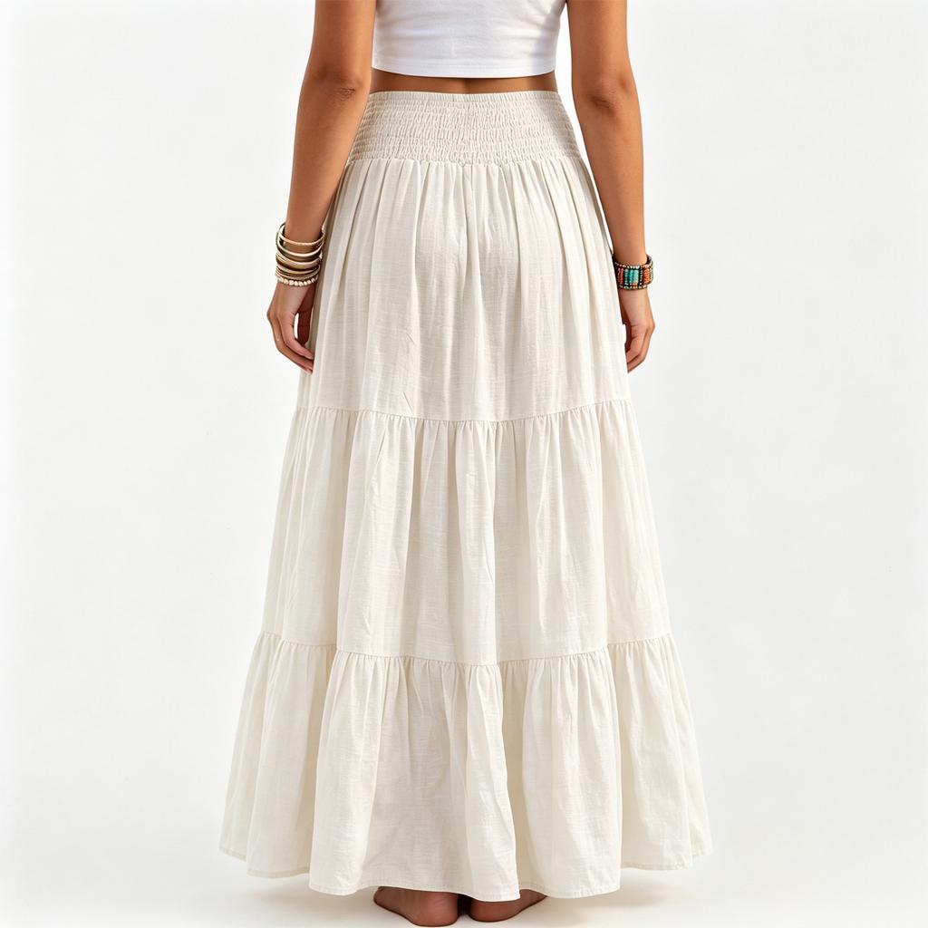 Damen Hohe Taille Baumwolle Leinen Strandrock - Farb-Patchwork Midi-Rock für den Sommer