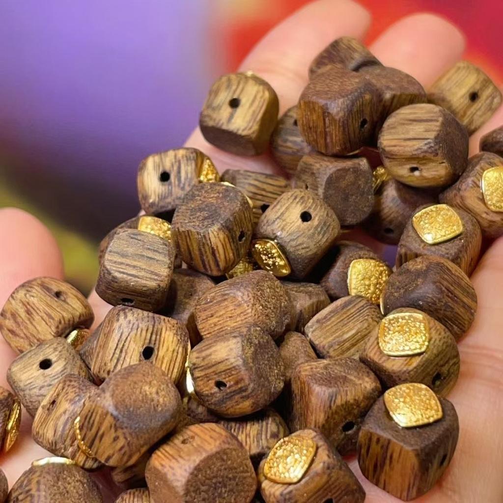 5Pcs Handmade Wooden Square Beads with Yellow Copper Accents, Stylish Minimalist Yellow Fortune God Loose Beads for DIY Necklace, Jewelry Making 8×8mm