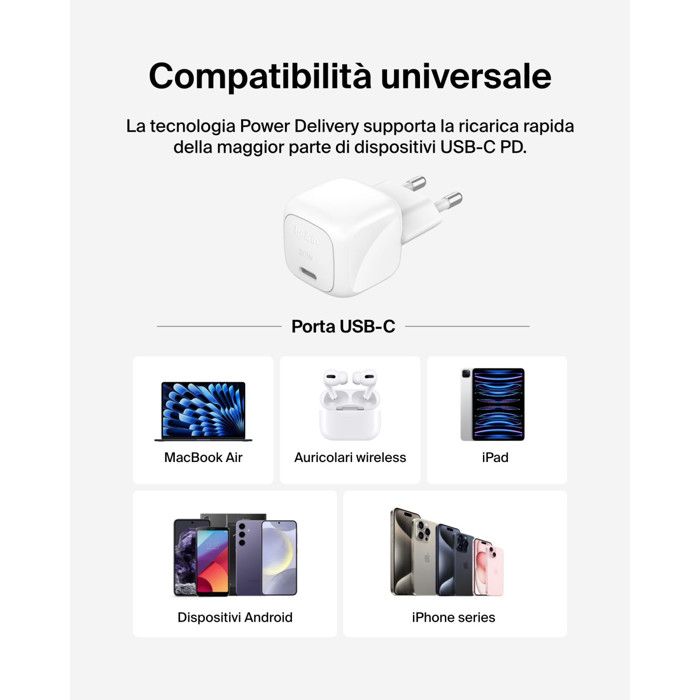 Belkin Caricabatterie USB-C 30W Rapido Da Muro Per iPhone iPad Samsung Galaxy Bianco