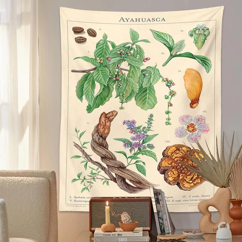 Ayahuasca Botanical Tapestry Wall Hanging Vintage Print Floral Illustration Flower Reference Chart Wall Cloth Art INS Home Decor