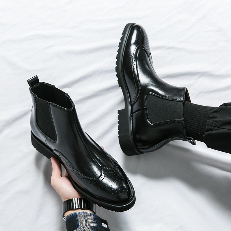 Men's Plus Size Brogue Pointed Toe Leather Ankle Boots - Formal & Casual High Top Shoes