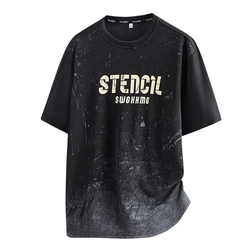 

Men s Plus Size Gradient Ice Silk Short Sleeve T-shirt - Summer Round Neck Trendy Style 5XL чёрный