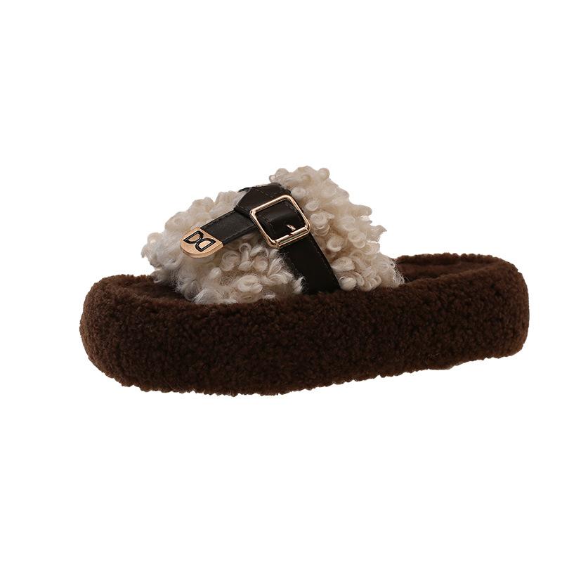 Thick-soled heightening fluffy slippers outer wear 2025 autumn and winter new belt metal buckle women's shoes home plush one-word drag
