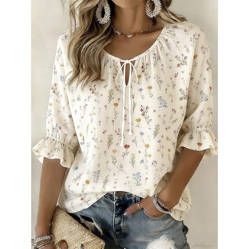 Women's White Ditsy Floral Print Tie Neck Blouse, Casual Loose Tops for Spring Summer Daily Wear & Vacation Occasions