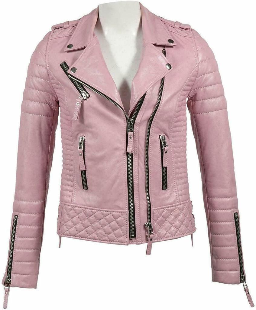 Pink Coat Women's Genuine Lambskin Leather Stylish Jacket Biker Motorcycle Slim