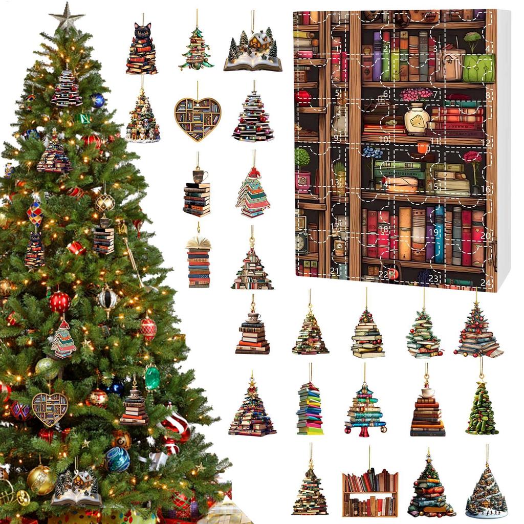 Christmas Tree Shaped Bookshelf Pendant Advent Calendar 24 Days 2D Acrylic Book Stacking Pendant Countdown Calendar Boxes