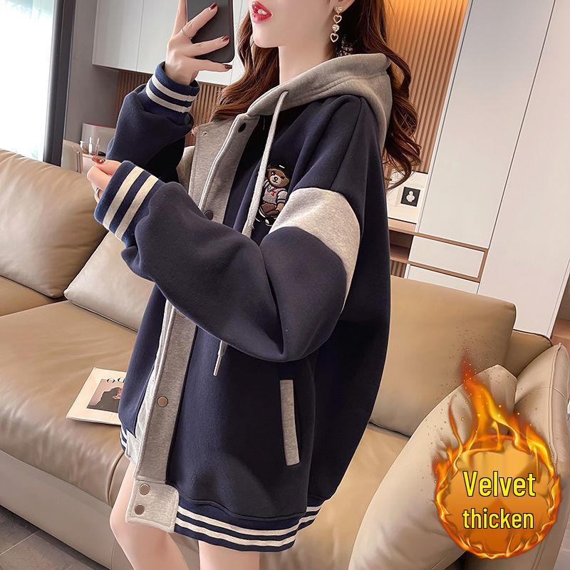 Women's Fleece-Lined Hooded Sweatshirt: Autumn/Winter Loose Fit Korean-Style Baseball Jacket