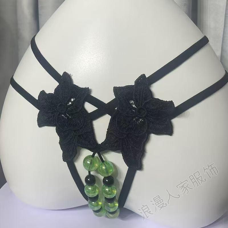 Jade Clam Luminous Pearl Massage Thong - XL Seductive Open Crotch Double Row Panties