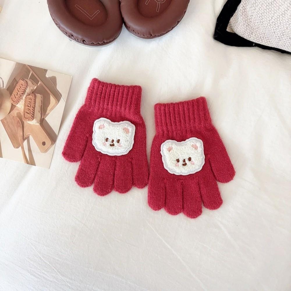 Full Finger Design Warm Gloves Knitted Material Cartoon Bear Gloves Warm Knitted Mittens For Girls