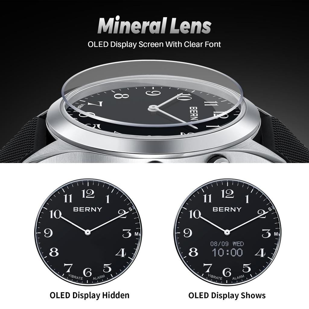 BERNY Wibrujący Zegarek z Ukrytym OLED Wibracje i Alarm Specjalnie Zaprojektowany dla Osób Starszych i Niedosłyszących Wodoodporny do 3 ATM, Wielofunkcyjny