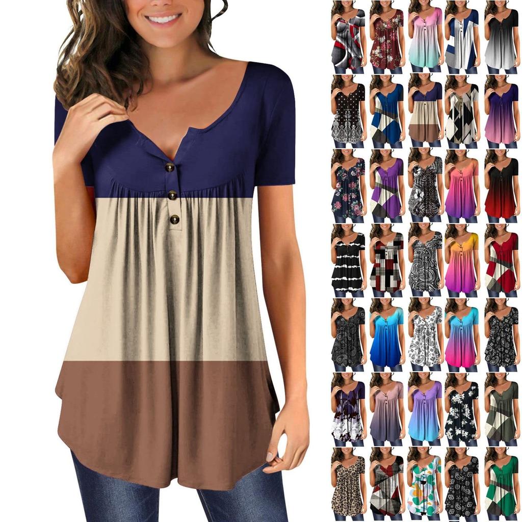 T-shirt à manches courtes pour femmes, col en v, bloc de couleurs, Patchwork imprimé bouton fleur
