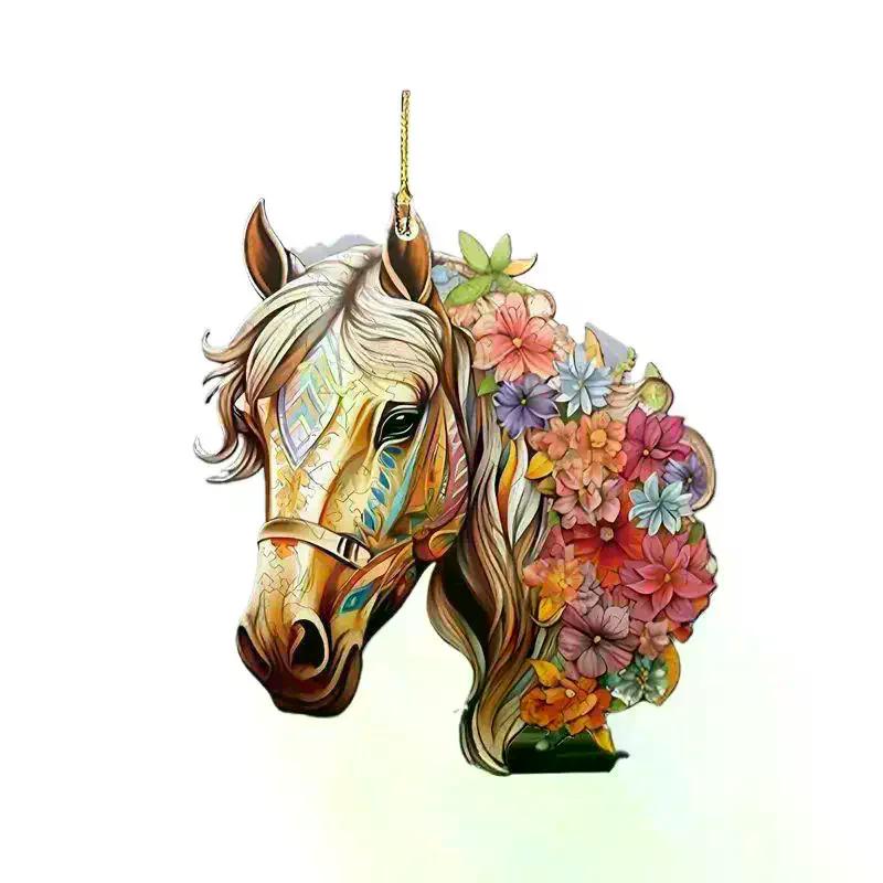 Vintage Floral Horse Christmas Hanging Ornaments Acrylic Horse Pendant Decorations For Xmas Tree Home Decor
