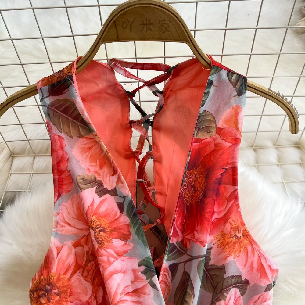 Robe longue style bohème pour femme, col en V, dos nu, taille haute, coupe trapèze, volants, imprimé, vacances en bord de mer