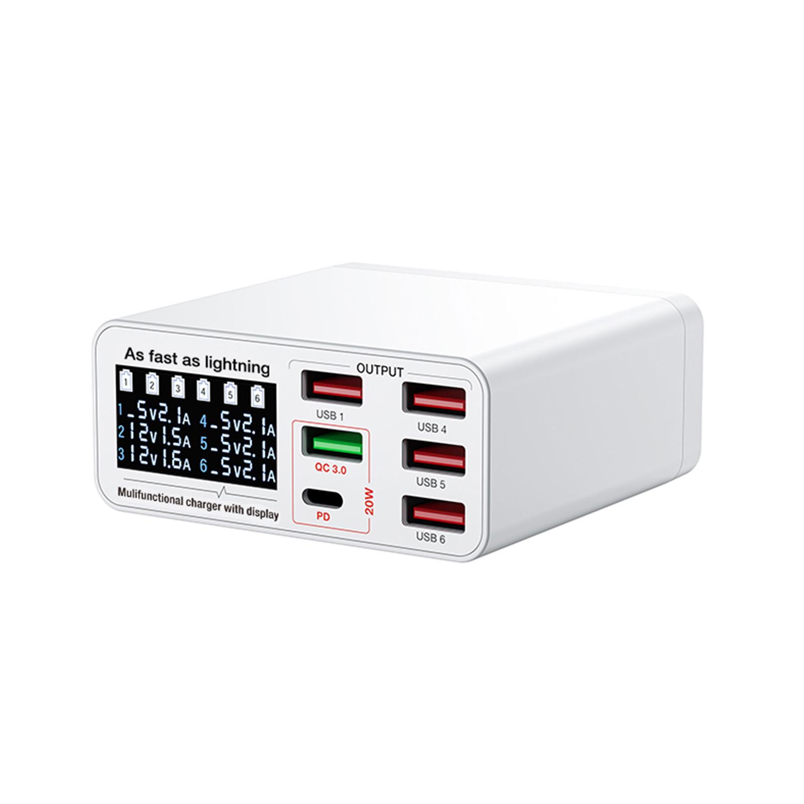 6 Port Multi function Desktop Charging Station with Smart Display USB Charger for Multiple Devices EU Plug