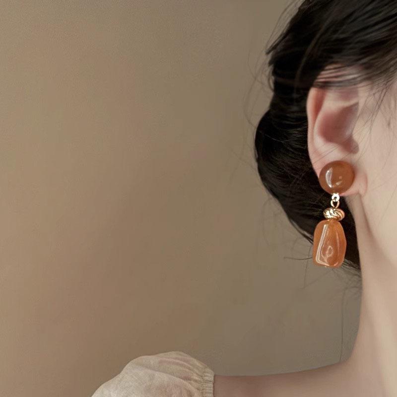 French Retro Cream Almond And Sunset Orange Acrylic Long Pendant For Women's Party Jewelry Earrings