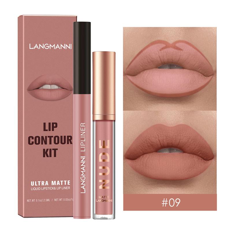 2-teilige Kombination aus Lippenkonturenstift und Lipgloss, wasserfest, langanhaltend, samtig, nackt, sexy, nicht klebender, matter Lippenstift, Lippenkonturenstift