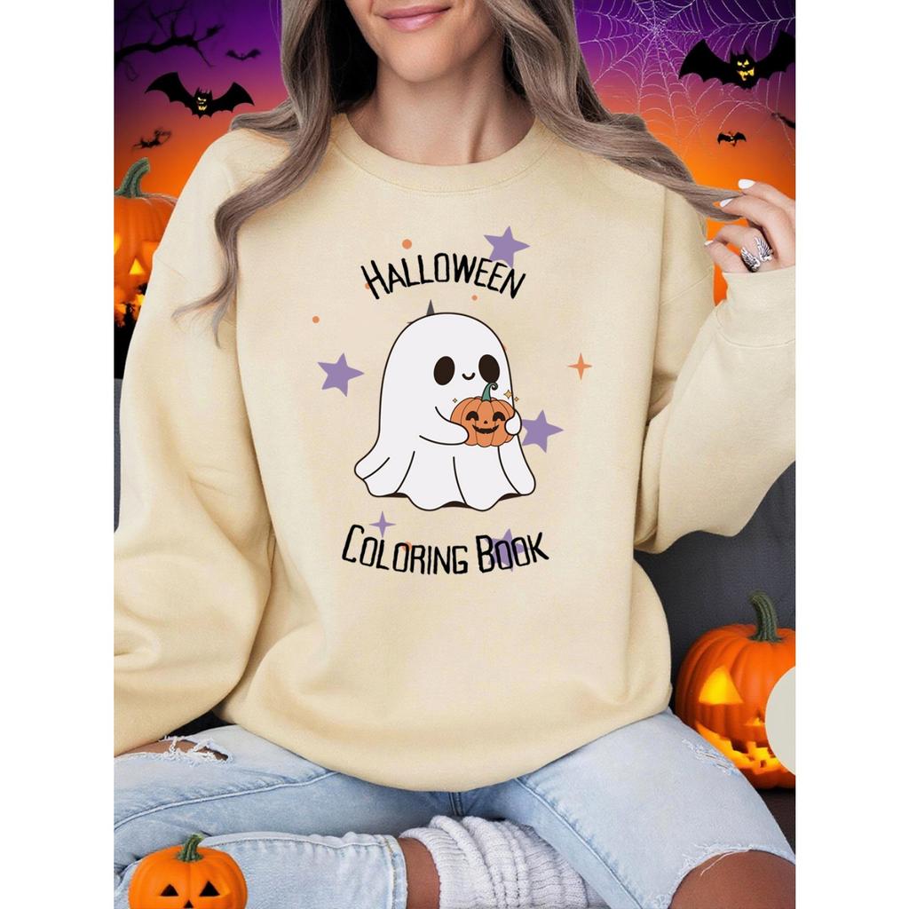 Halloween Coloring Book Printing Sweatshirts Women Winter Fleece Warm Hoodie O-Neck Loose Pullover Basics Sporty Womans Clothes
