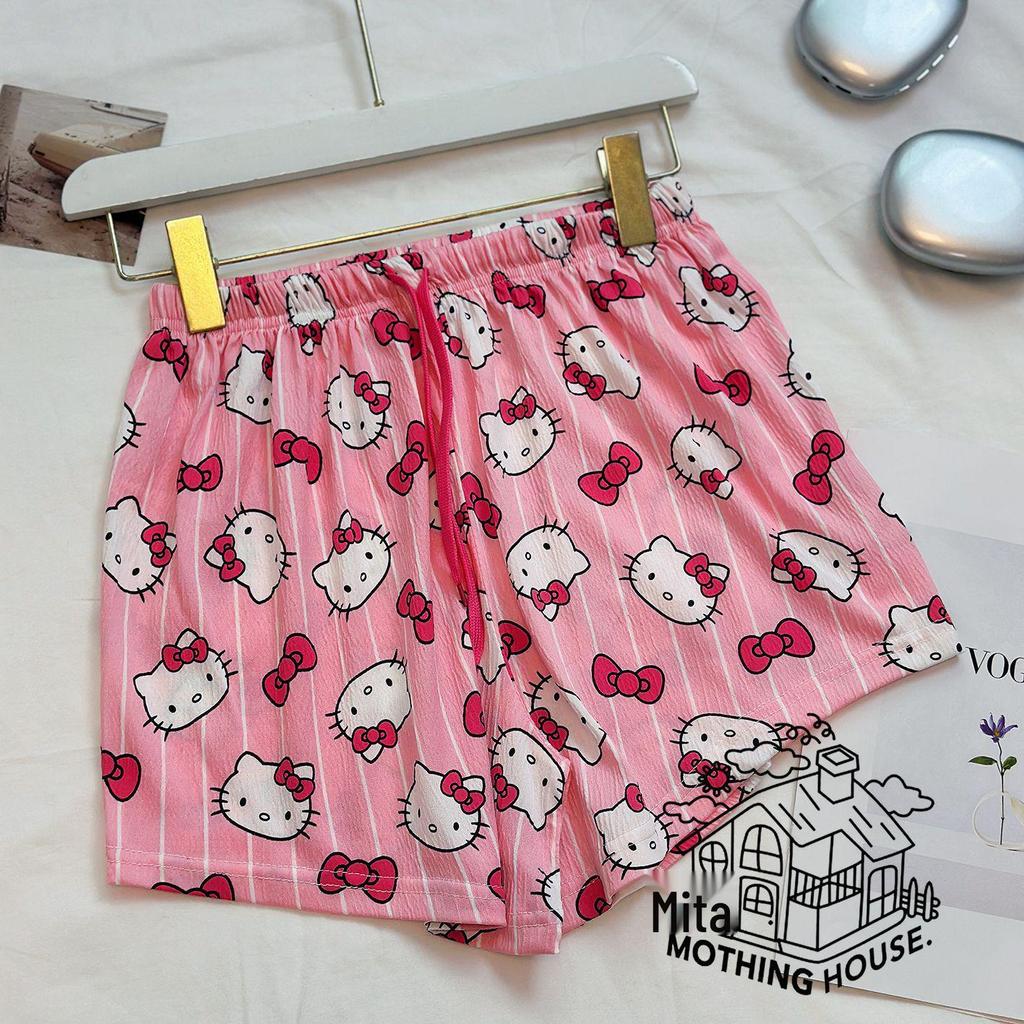 Letnie Spodnie Piżamowe Hello Kitty w Koreańskim Stylu dla Kobiet - Urocze, Luźne i Nadające Się do Noszenia na Zewnątrz.