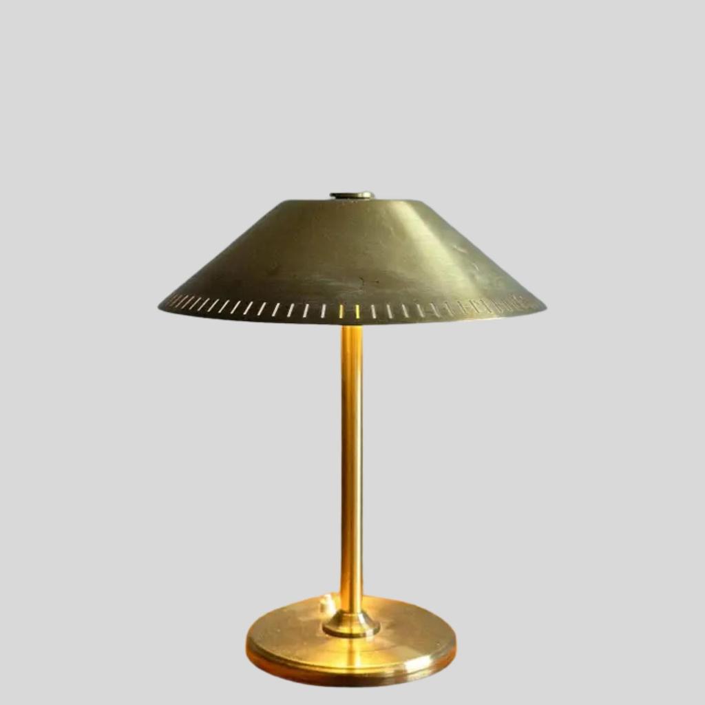 Vintage Mid Century Scandinavian Brass Table Lamp with Perforated Shade | 1950s Nordic Modern Desk Lamp | Retro Accent Lighting Deco